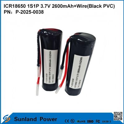 باتری ICR18650 1S1P قابل شارژ مجدد 3.7V 2600MAH + کابل (PVC سیاه)