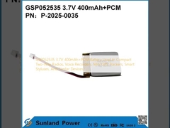باتری GSP052535 3.7V 400mAh+PCM که در رادیوهای دو طرفه جمع و جور، ضبط‌کننده‌های صدا، ردیاب‌های GPS کوچک، قلم‌های هوشمند و دستگاه‌های مشابه استفاده می‌شود.